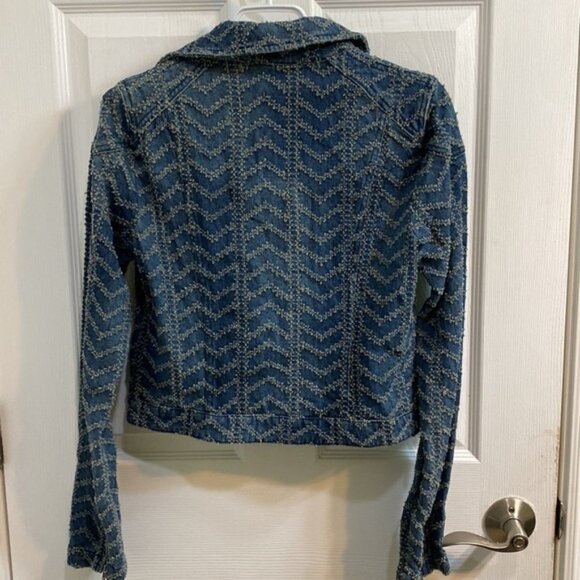 FREE PEOPLE Denim Moto Punched Pattern Motorcycle Jacket Women’s Size 2 XS - Picture 7 of 11